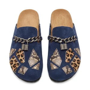 Xinzirain Custom Unisex Suede Leopard Snake Print Metal Chain Lock Cork Sole Mules Clogs Shoes