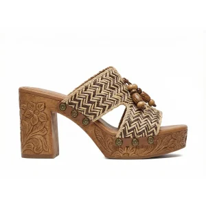 Xinzirain Custom Vintage Bohemian Woven Chunky Heel Sandals Wooden Bead Decor Wood Carving Heel Women’s Mules