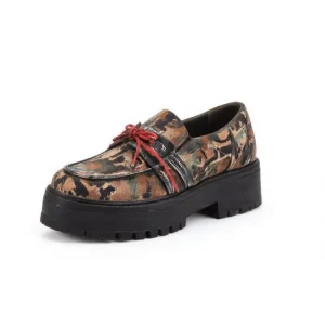 Xinzirain Custom Women Camouflage Genuine Leather Thick Soled Loafers Retro Toe Lace Up Low Chunky Loafer Shoes