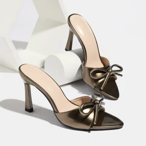 Xuanhui Fetish 9cm Bronze Metallic High Heels Women’s Sandals Pointed Toe Bow Mules Plus Size 35 43 Dress Party Slip on Shoes