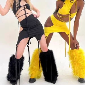 Y2K Festival Women’s Elastic Over the Knee Boot Toppers Solid Color Faux Fur Leg Warmers Tassel Autumn Summer PU Lining