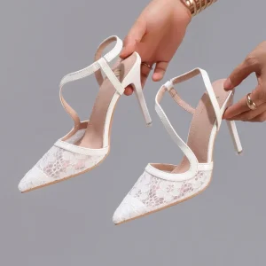 Y88-608 Women’s Lace Wedding Pointy High Heels Sandals Lace Banquet Bridal Stilettos Thin Slingback Design Shoes