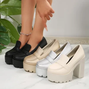 YT Women’s Thick Heel Large Size Deep Mouth Shoes Autumn New Arrival Petites Thick Sole High Heels Flats