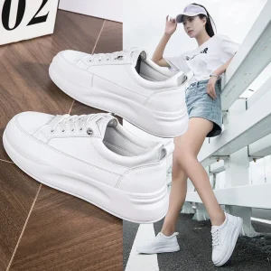 Yanxuan Women’s White Sneakers Genuine Leather Heightening Platform Casual Shoes Thick Sole Stylish Trendy for Walking