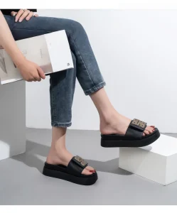 Yearning Women’s Genuine Leather Soft Anti-Slippery Breathable Open Toe Fashion Urban Style Cowhide Upper