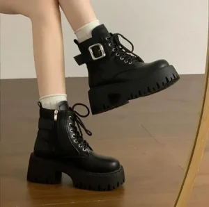 Yiciy Women’s Lace Up British Style Leather Ankle & Bootie Boots with Chunky Heels for Winter