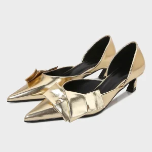 Yx2025 Autumn New Women’s Shoes Golden Bow Mill Shoes High Heels Pointed Heels Hollow Single Shoes