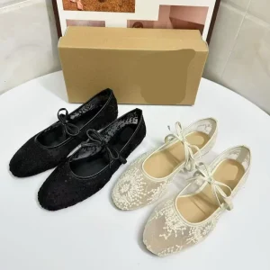 Yx2025 New Fashion Single Shoes Women’s Shoes Retro Style Inlaid Pearl Embroidery Mesh Ballet Shoes