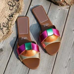 ZA Brand Cross-border Foreign Trade Large-size Women’s Slippers New Model Flat Sandals Trendy One-line Colorful Slippers