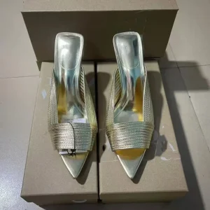 ZA New Summer Golden Fish Toe High Heels Fashionable and Versatile Pointed Toe Retro Backless Square Toe Women’s Shoes
