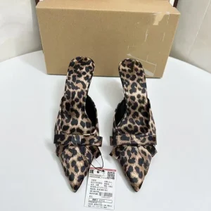 ZA new style women’s shoes leopard print half toe slippers women’s summer bow shaped tips and pointed toe high heels