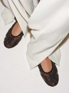 ZA2026 Summer Brown Round Toe Floral Embroidered Breathable Mesh Flat Women’s Low-Top Mary Jane Ballet Flats Soft Sole