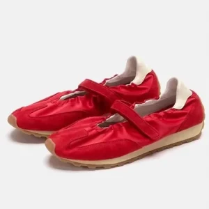 ZHIKE Red Solid Mary Jane Flats Women’s Spring Retro Shallow Head Toe Hook Loop Closure Rubber Outsole Superfine Fiber Lining