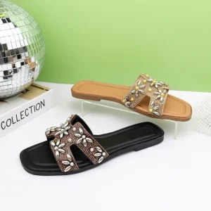 ZR Rhinestone Muslim Boxes Women’s Flat Slides Slipper for Summer Mules a Talon Chaussures Femmes