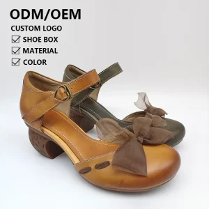 Zhimei Handmade Ladies Heeled Shoes Elegant Knot Round Toe Party Dress Pumps Genuine Leather Shoes Women