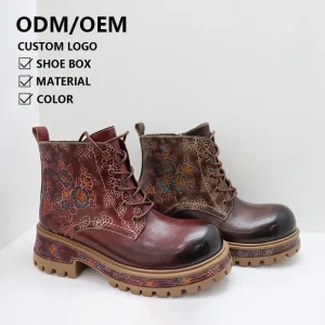 Zhimei High Quality Vintage Ladies Genuine Leather Ankle Boots Hand Painted Lace up Outdoor Casual Women’s Martin Boots