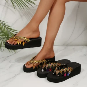 ashion Summer New Flip-flops Wedge Heel Rhinestone Sequins Woven Clip-on Thick-soled Sandals for Women 231 231