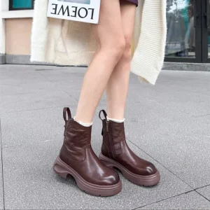 for Women’s Fashion Comfortable Ankle Boots Solid Pattern Autumn Thick Bottom Chimney Classic Genuine Leather Arch Support